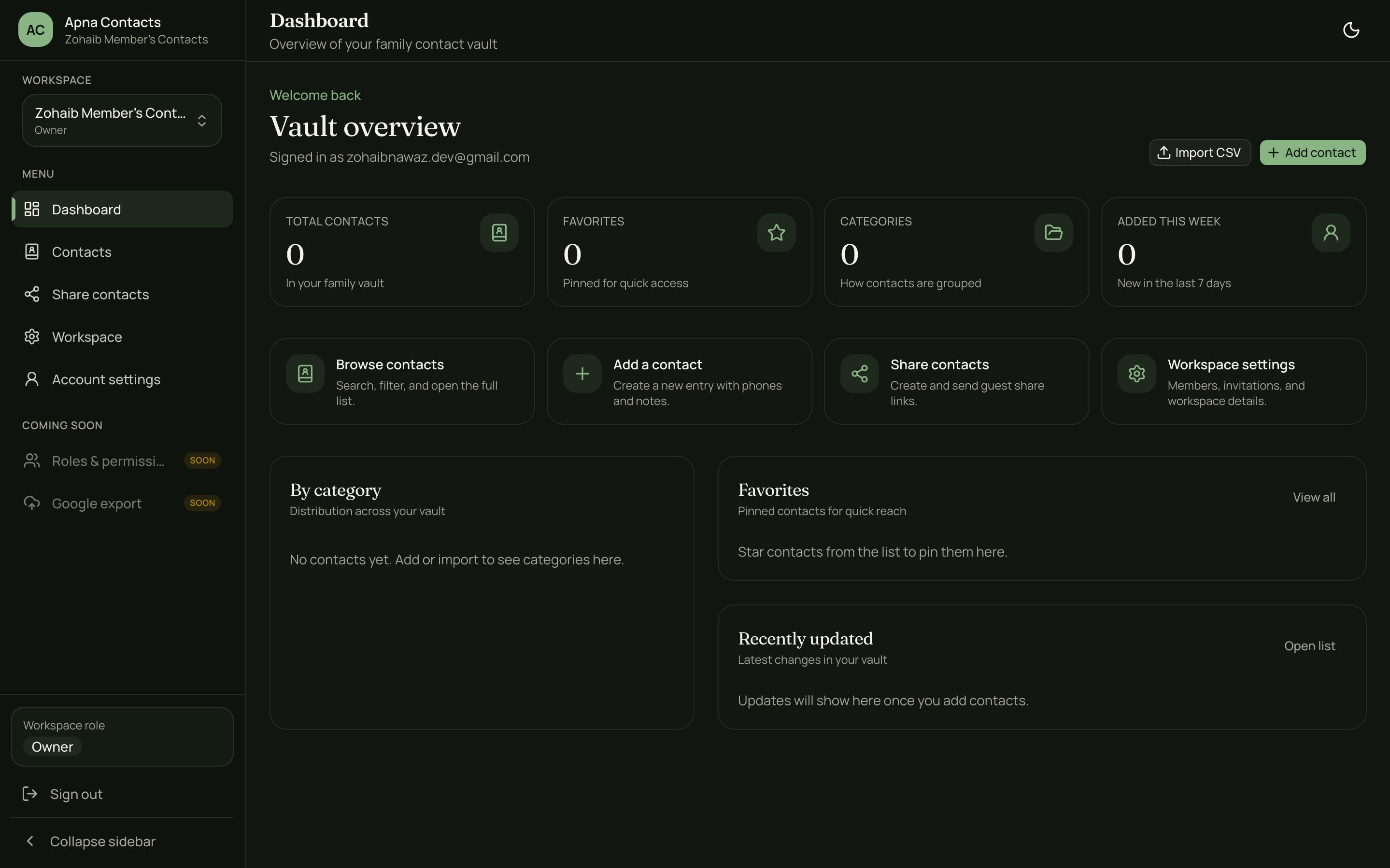 Apna Contacts dashboard in dark mode