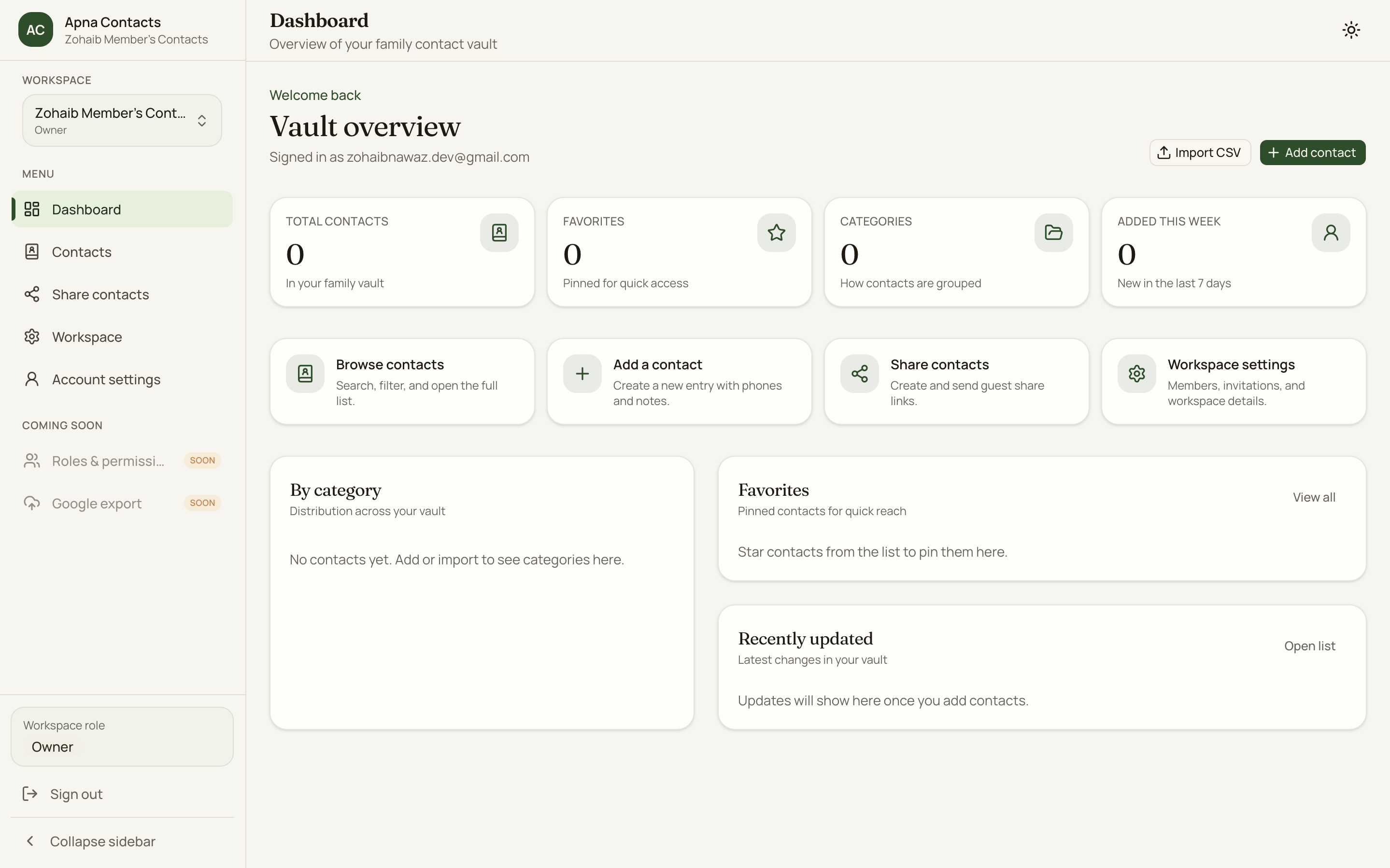 Apna Contacts private contact vault dashboard